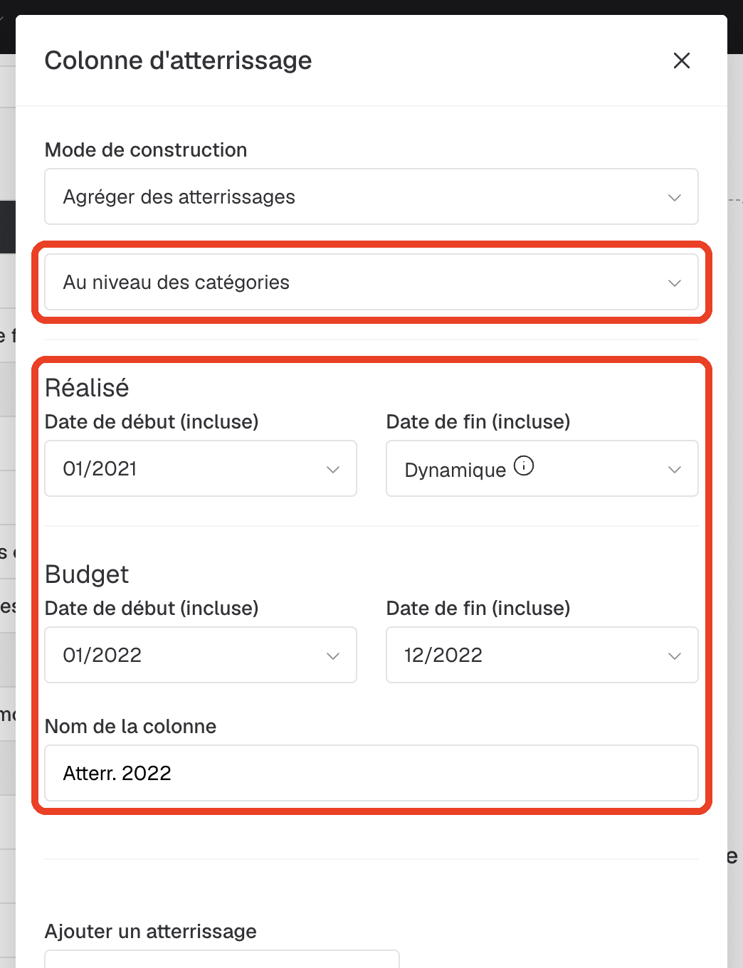 Dialogue Colonne d'atterrissage en mode agrégation : niveau de détail, périodes de réalisé et de budget, nom de la colonne