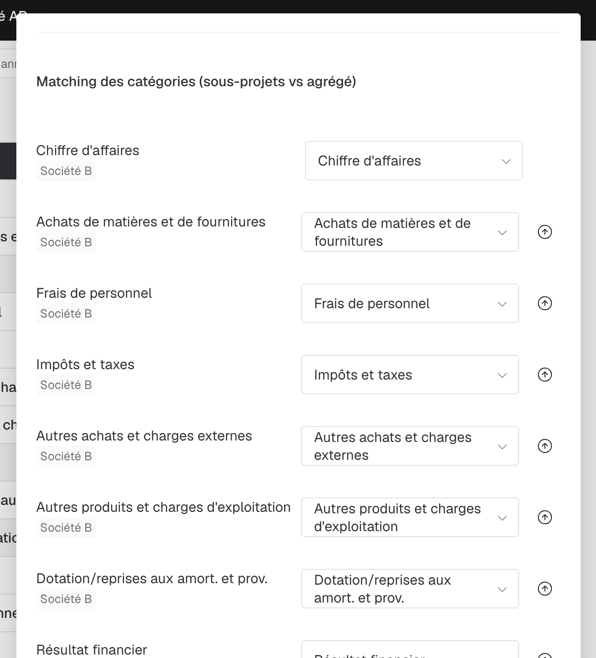 Section Matching des catégories entre les catégories des sous-projets et celles du consolidé