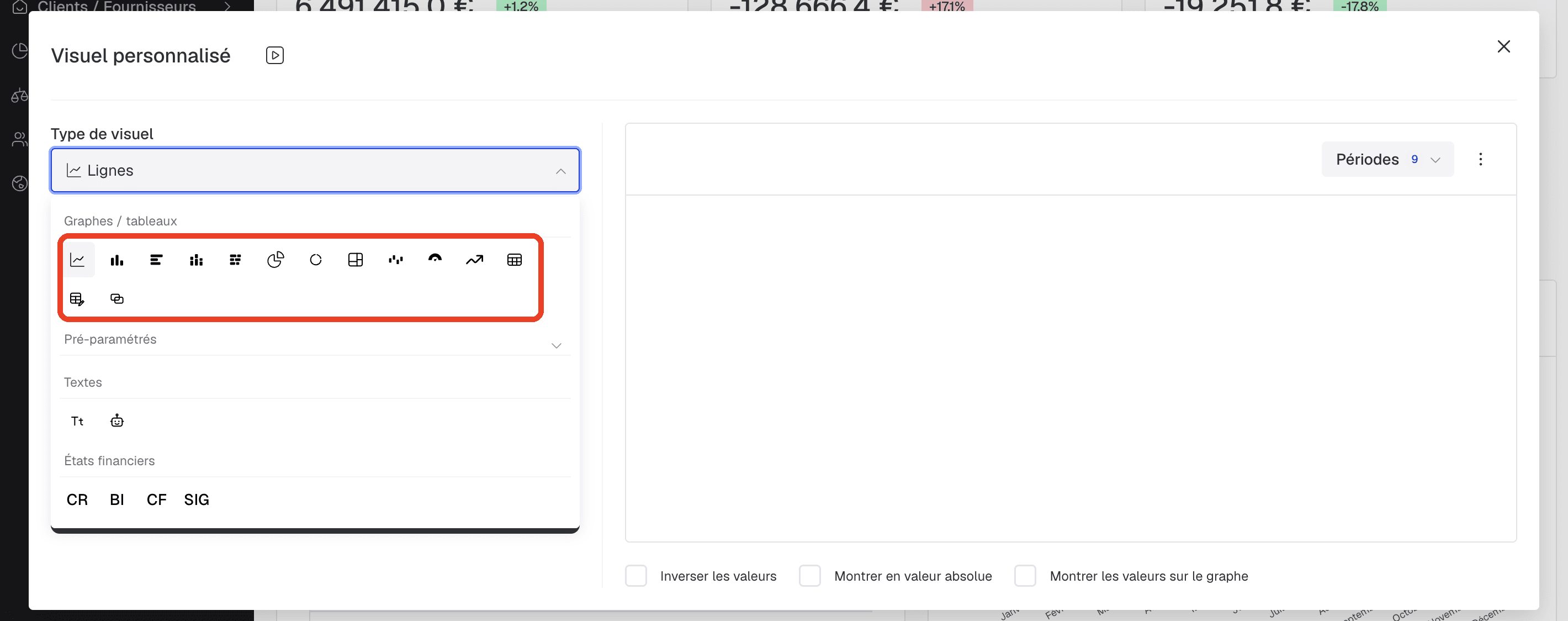 Section "Graphes / tableaux" du sélecteur de type de visuel, avec les différents types de graphes et de tableaux