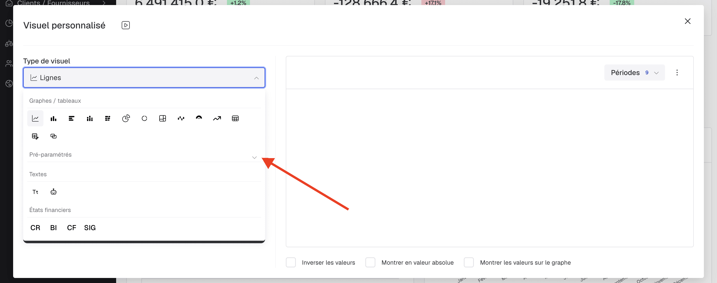 Section "Pré-paramétrés" repliée dans le sélecteur de type de visuel