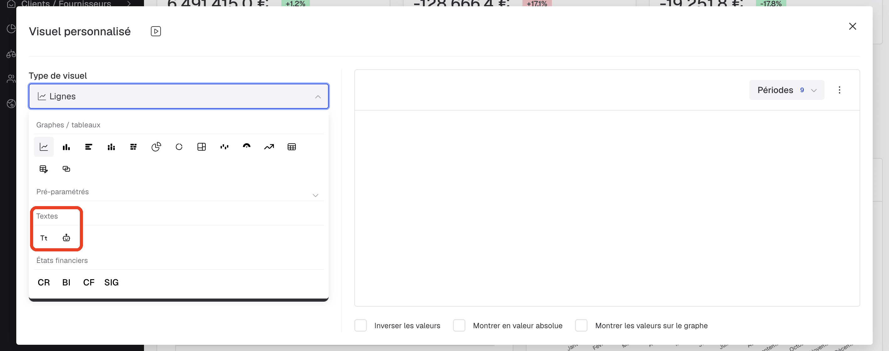 Section "Textes" du sélecteur de type de visuel : zone de texte et texte intelligent