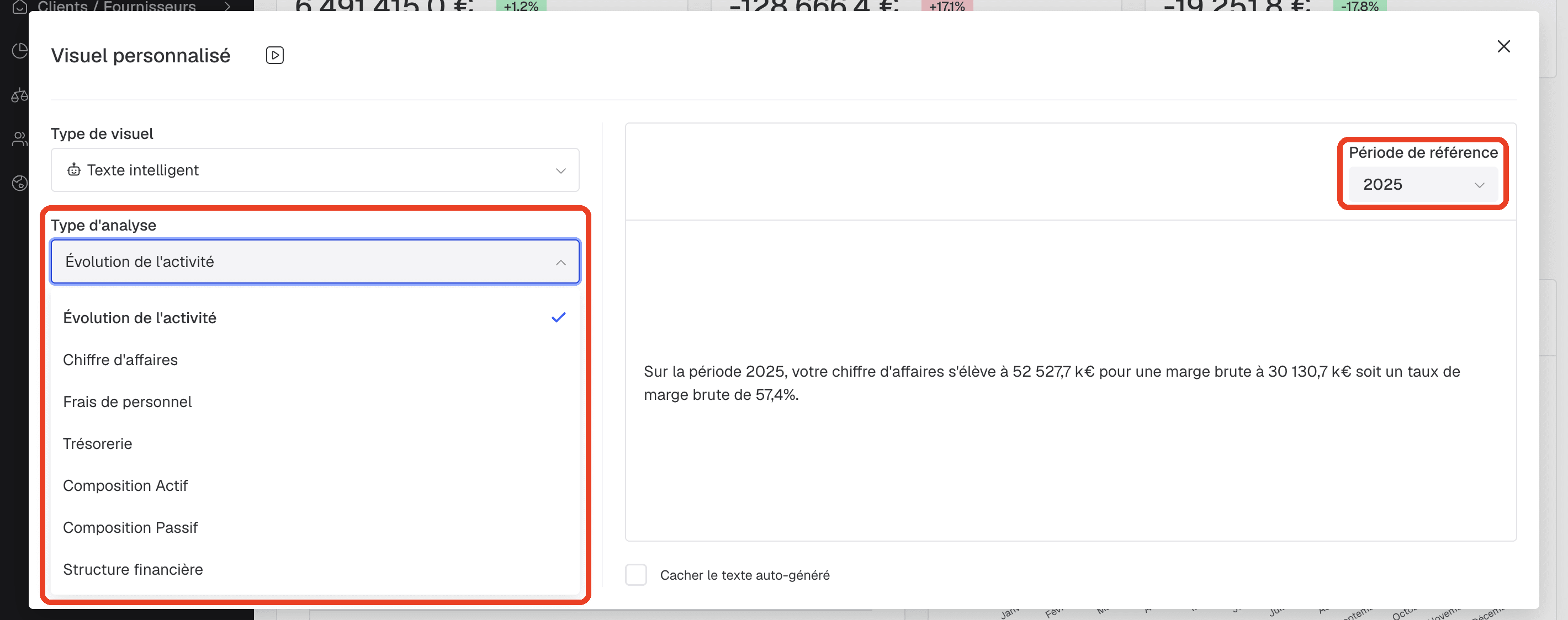 Choix du type d'analyse et de la période de référence d'un visuel texte intelligent