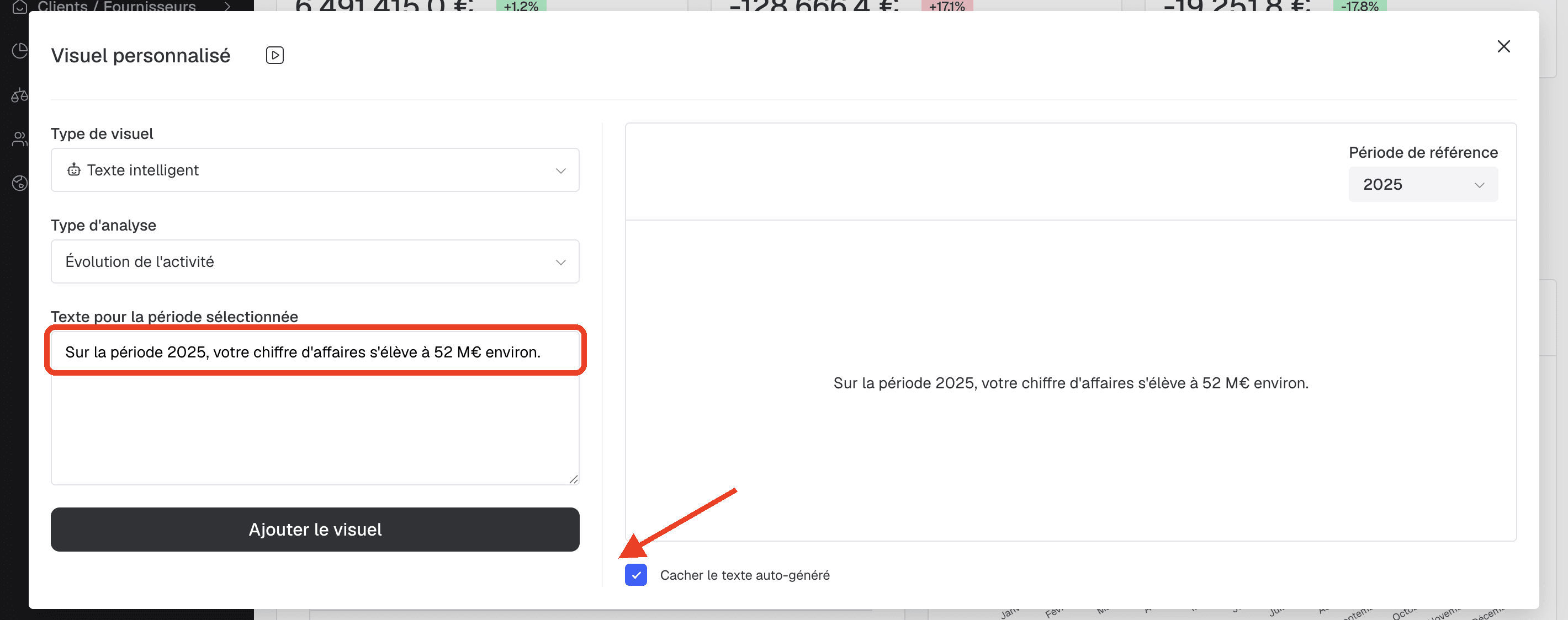 Texte personnalisé saisi pour la période sélectionnée et case "Cacher le texte auto-généré" cochée