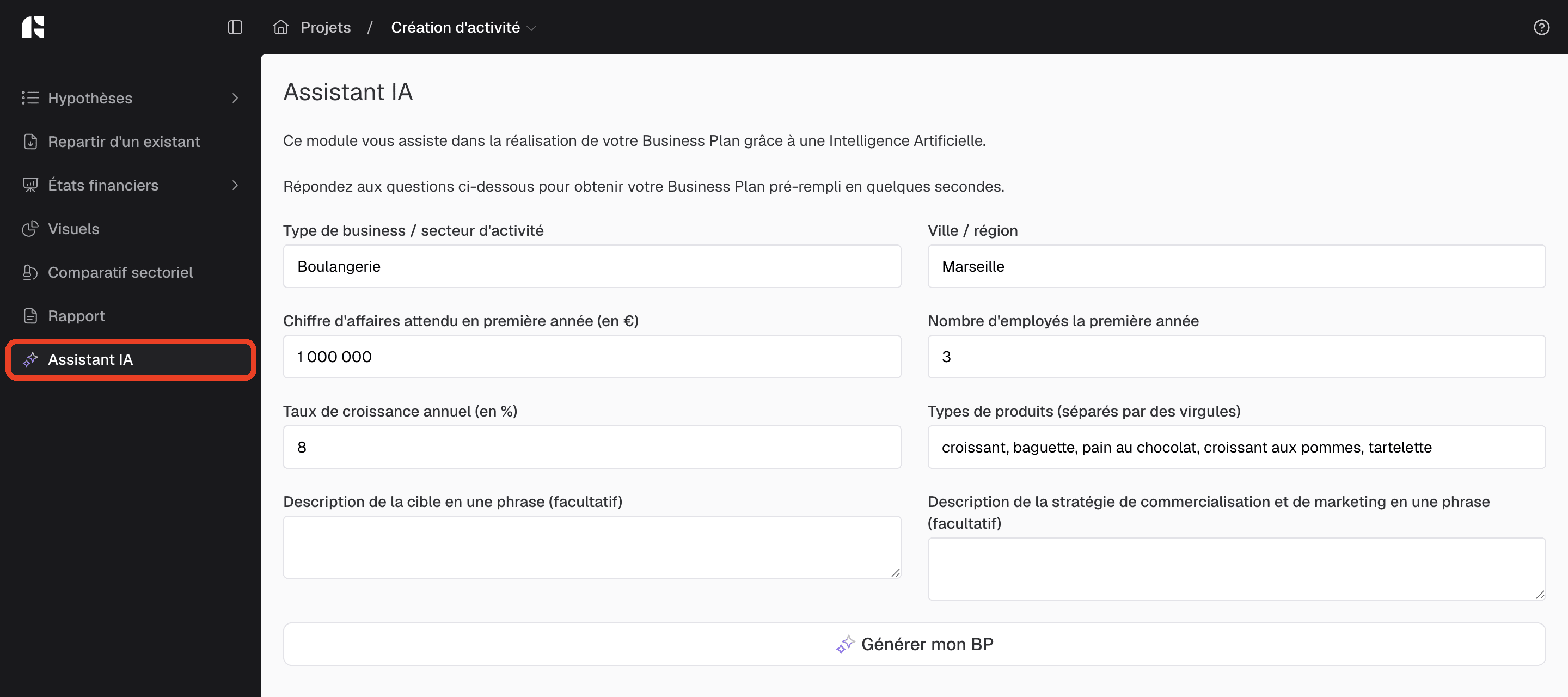 Assistant IA d'un business plan, avec le questionnaire rempli et le bouton Générer mon BP