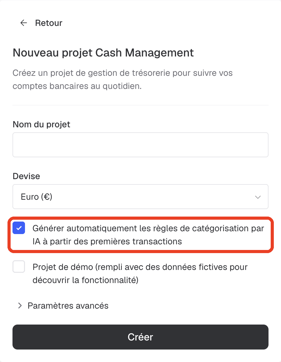 Formulaire de création d'un projet Cash Management, avec la case « Générer automatiquement les règles de catégorisation par IA à partir des premières transactions » encadrée en rouge