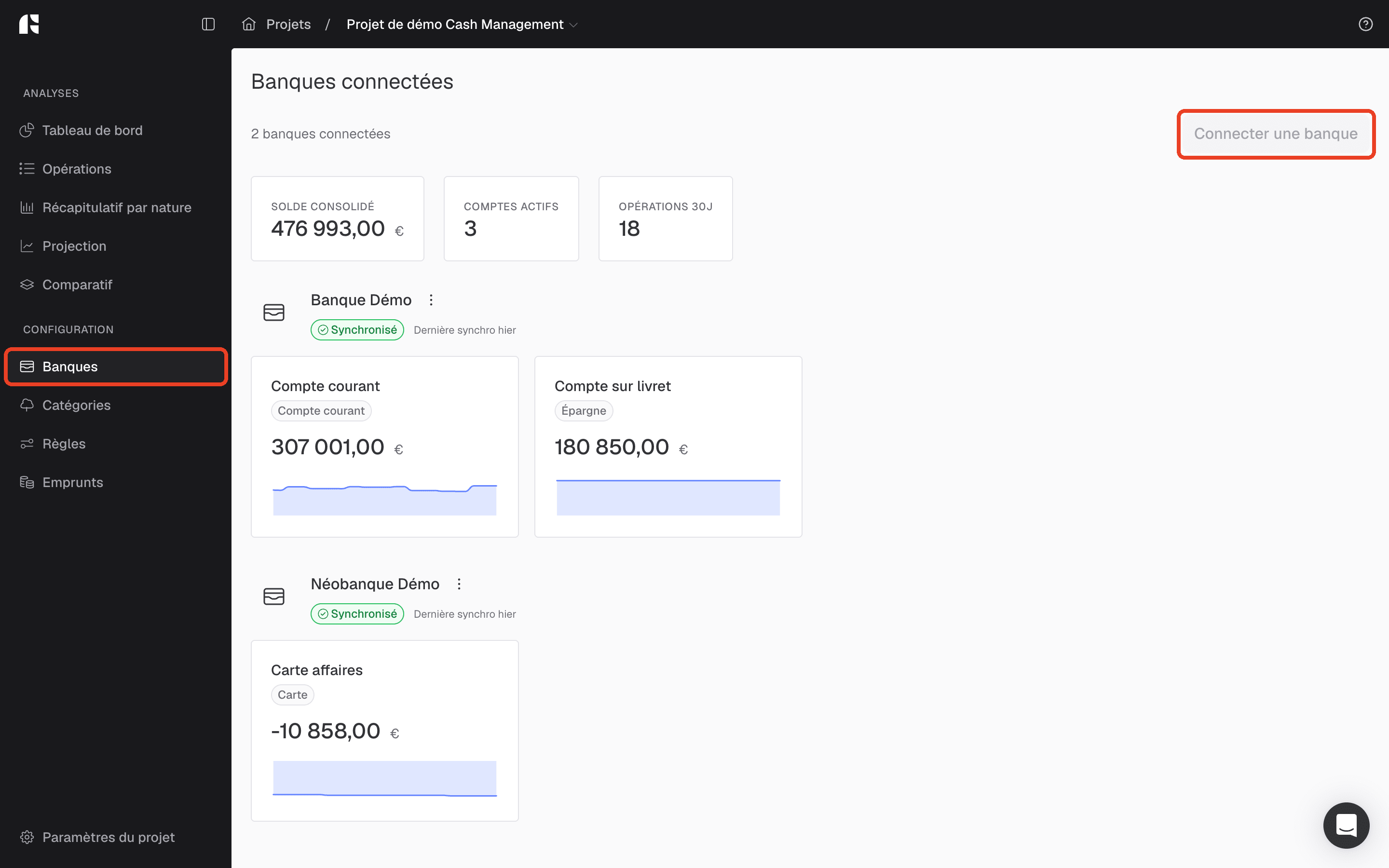 Module Banques d'un projet Cash Management : l'entrée « Banques » du menu et le bouton « Connecter une banque » encadrés en rouge