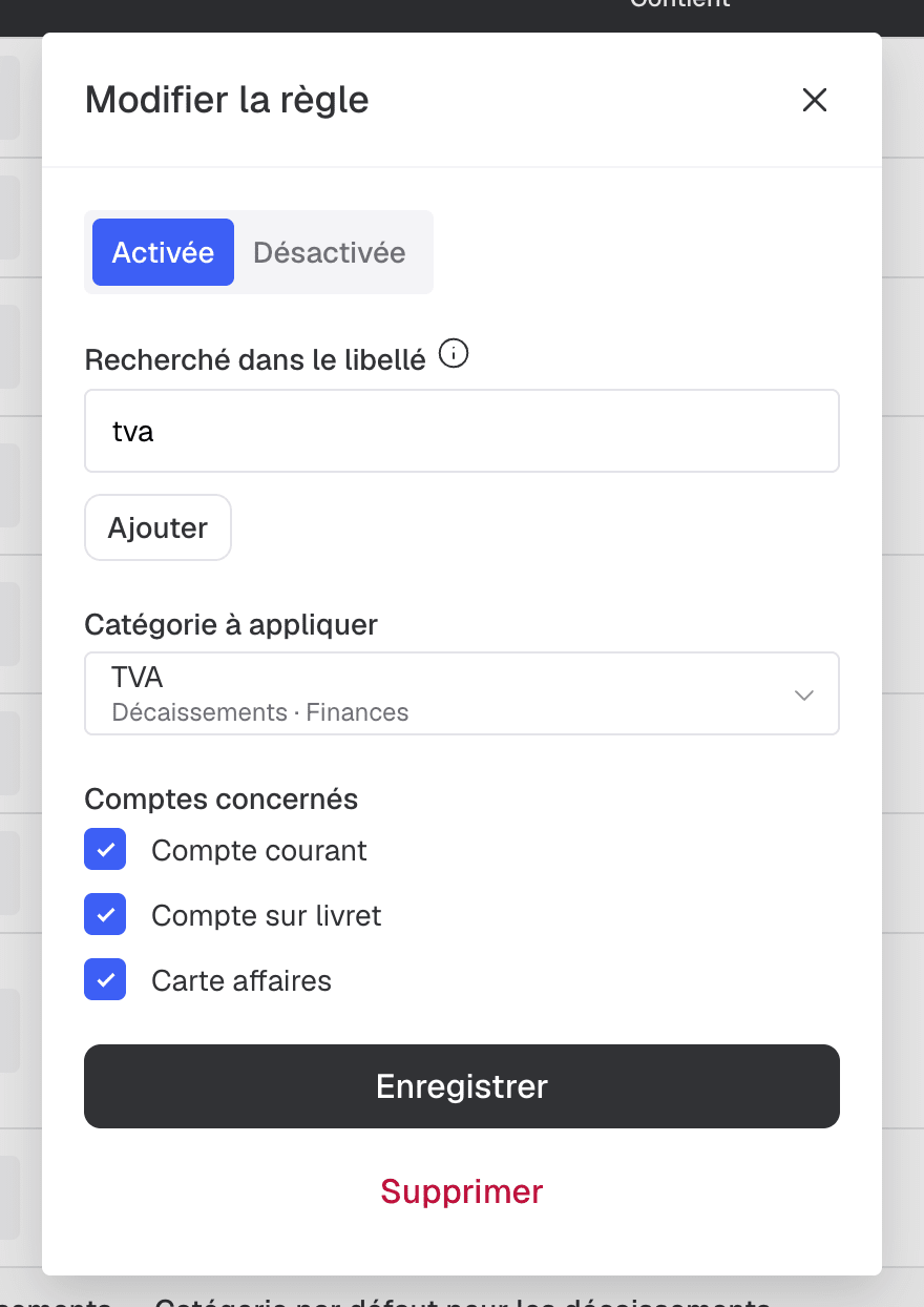 Fenêtre « Modifier la règle » : les mots-clés recherchés dans le libellé, la catégorie à appliquer et les comptes bancaires concernés