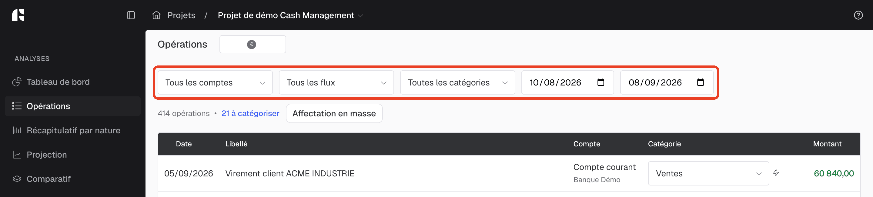 Module Opérations : la barre de filtres (compte bancaire, type de flux, catégorie et période) encadrée en rouge