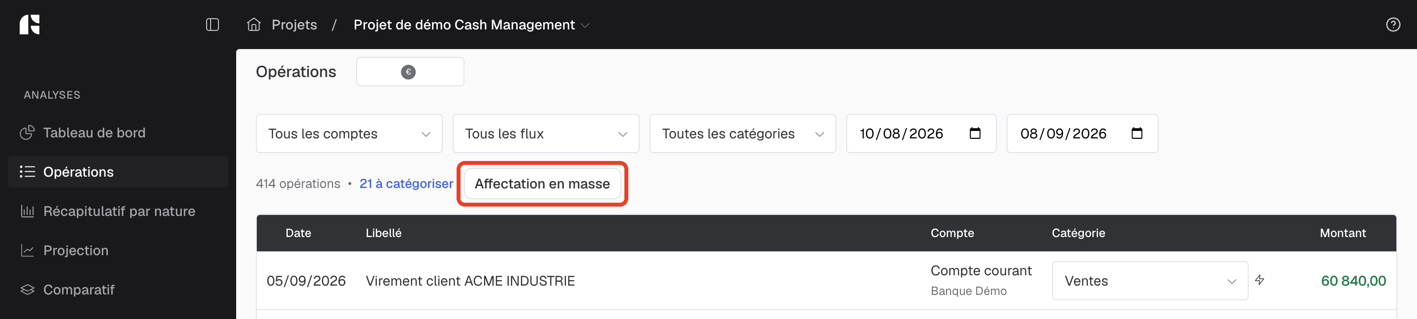 Module Opérations : le bouton « Affectation en masse » encadré en rouge