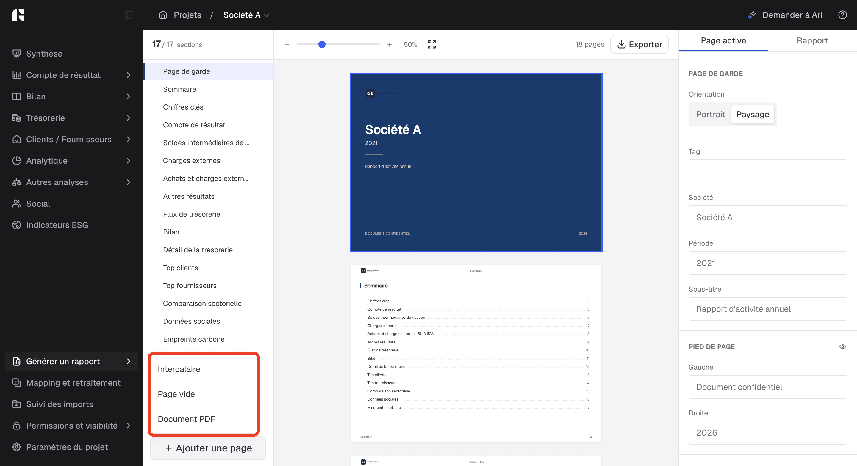 Bouton « Ajouter une page » : intercalaire, page vide ou document PDF