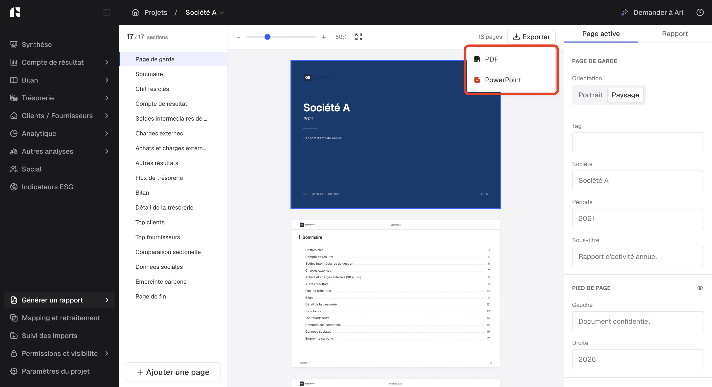 Bouton « Exporter » de l'éditeur de rapport : export au format PDF ou PowerPoint