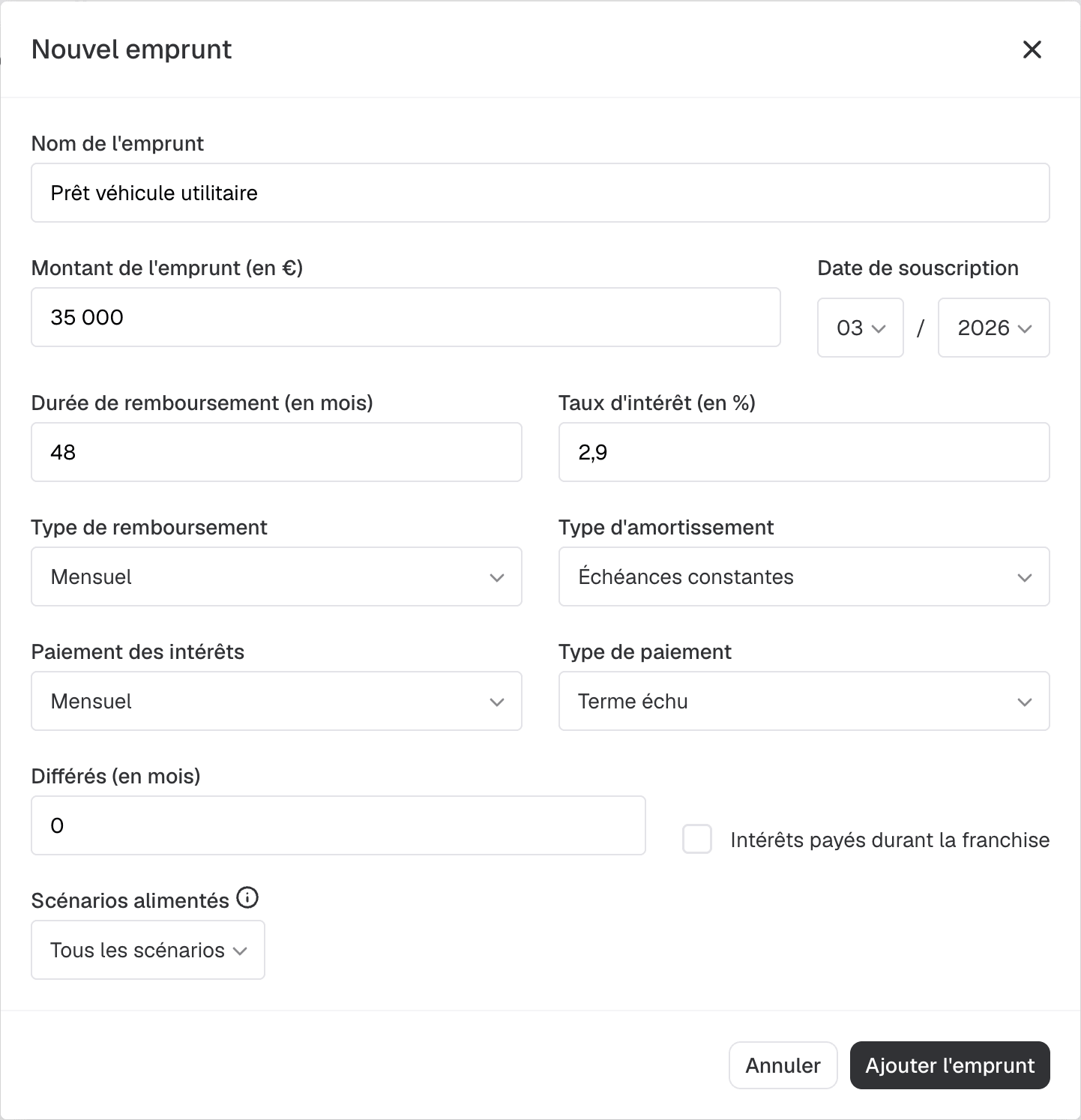 configuration d'un emprunt