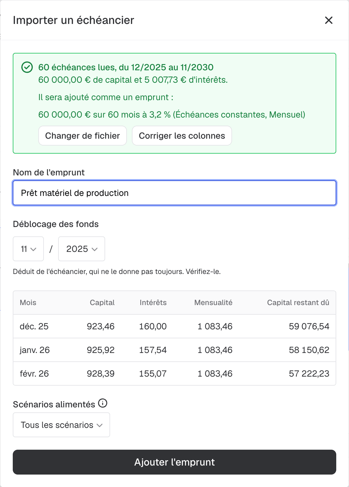 résumé de l'import d'échéancier