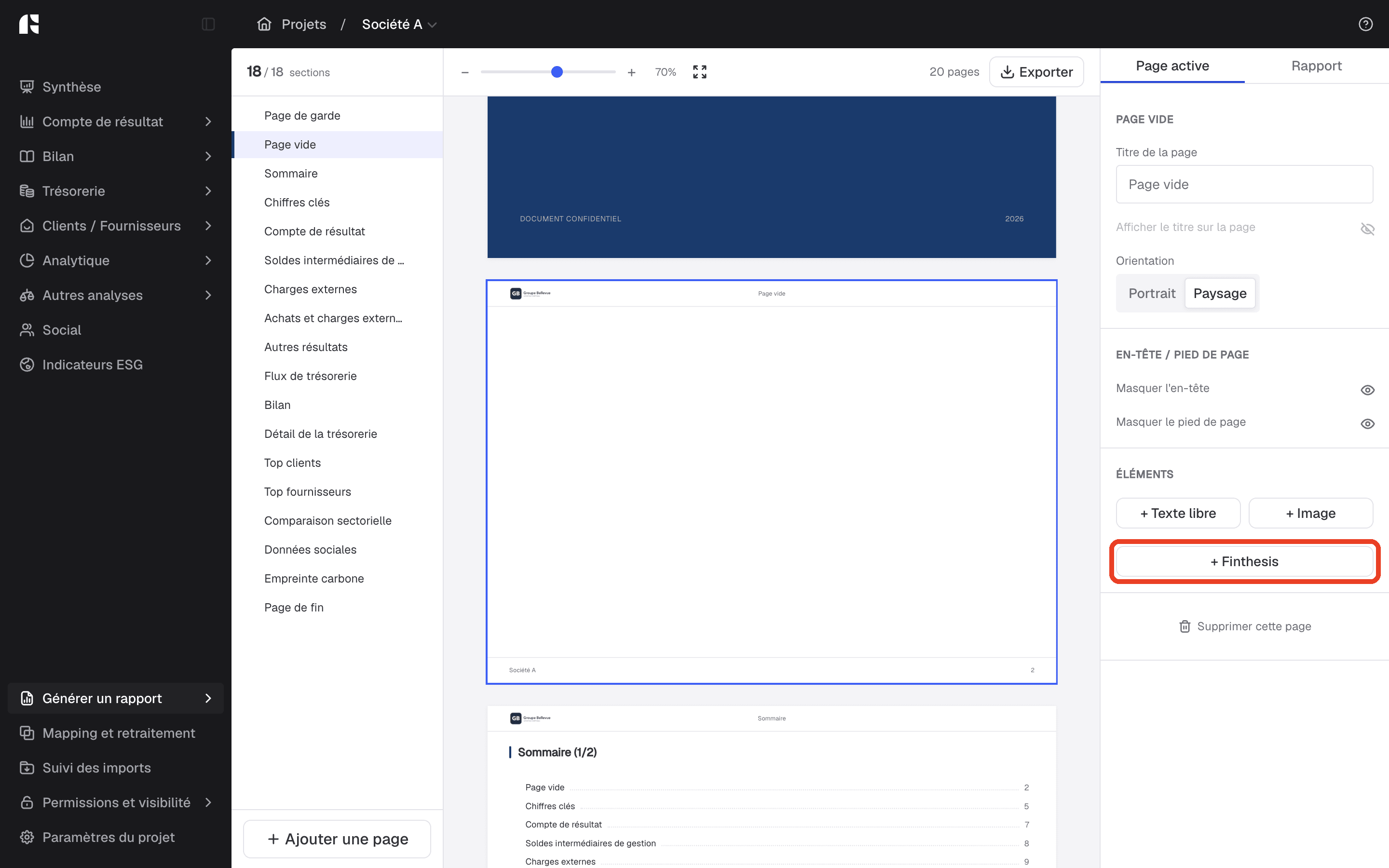 Page vide du rapport d'activité annuel : le bouton « + Finthesis » de l'onglet Page active ajoute un graphique ou un tableau du projet