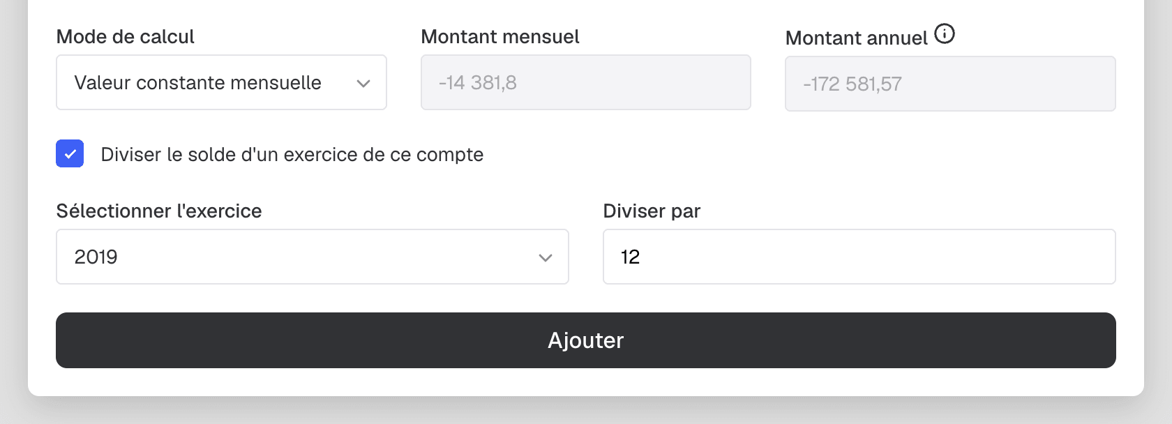 Option « Diviser le solde d'un exercice de ce compte » cochée, avec l'exercice à répartir et le diviseur
