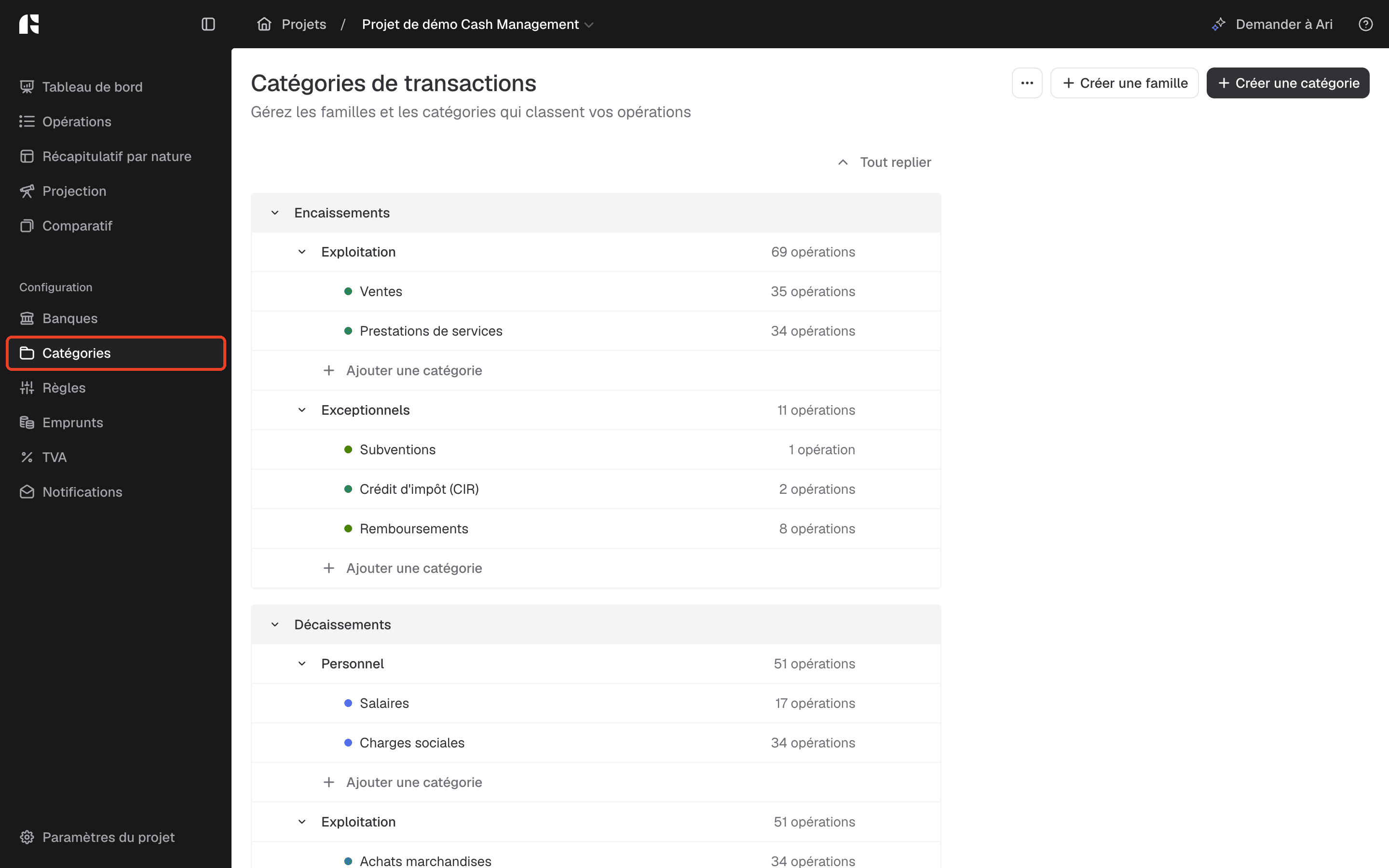 Écran Catégories du projet de Cash Management