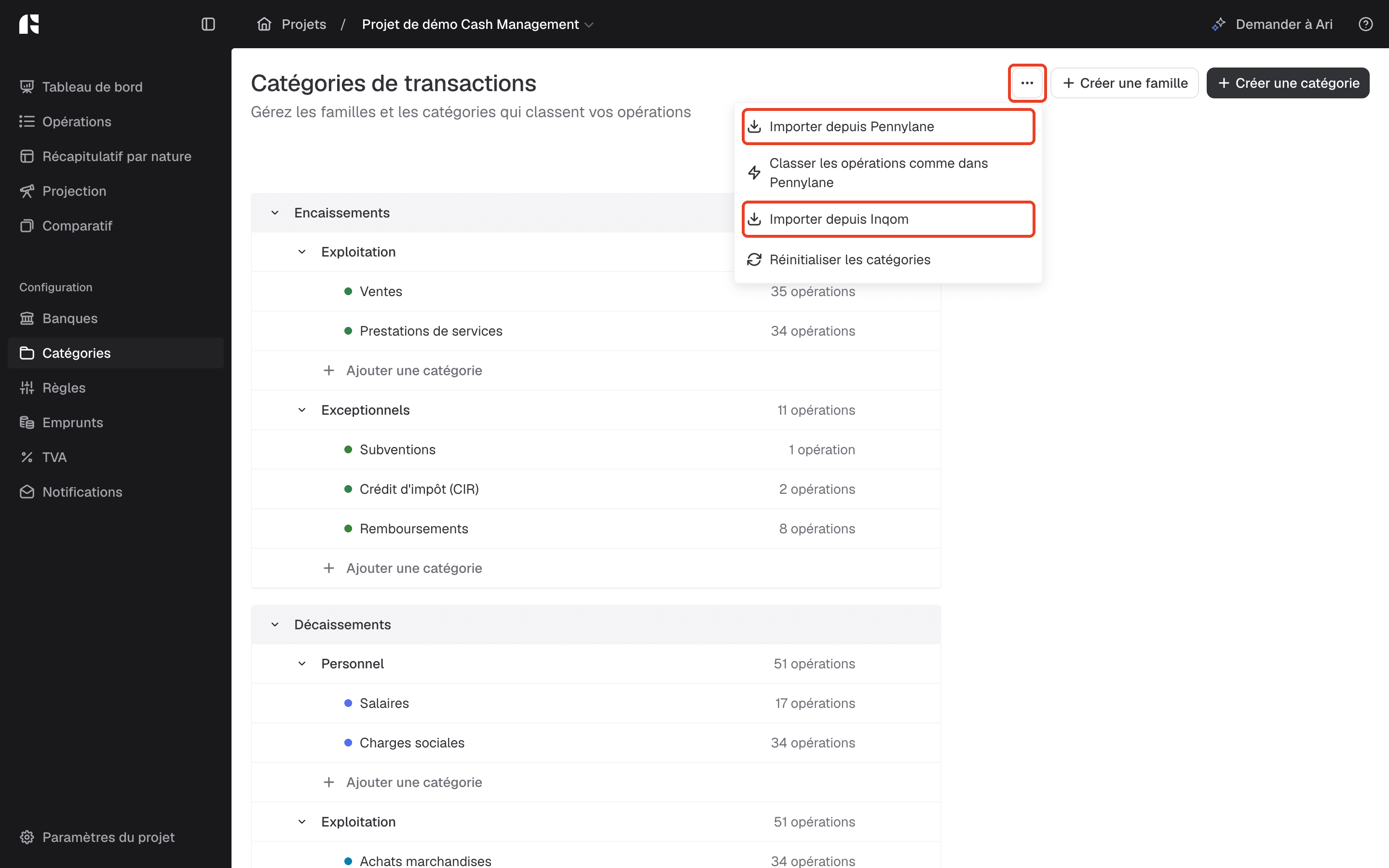 Menu « ... » avec Importer depuis Pennylane et Importer depuis Inqom