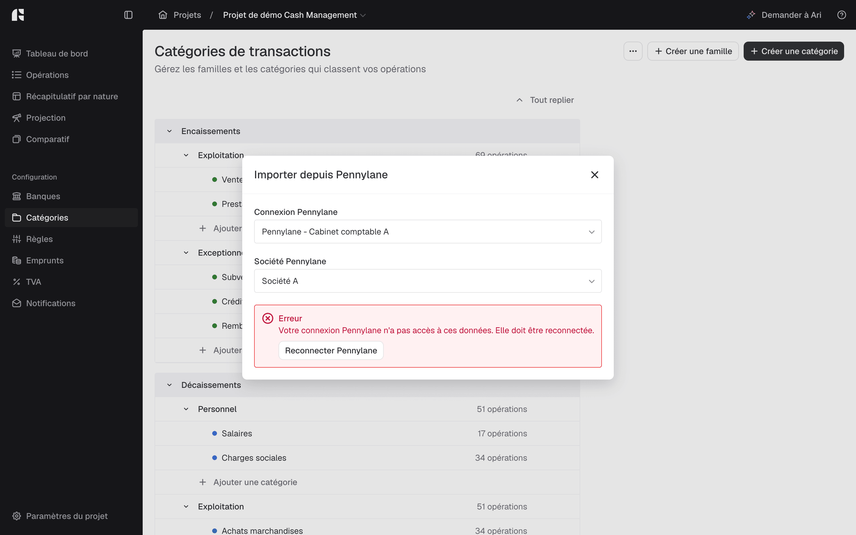 Message demandant de reconnecter Pennylane