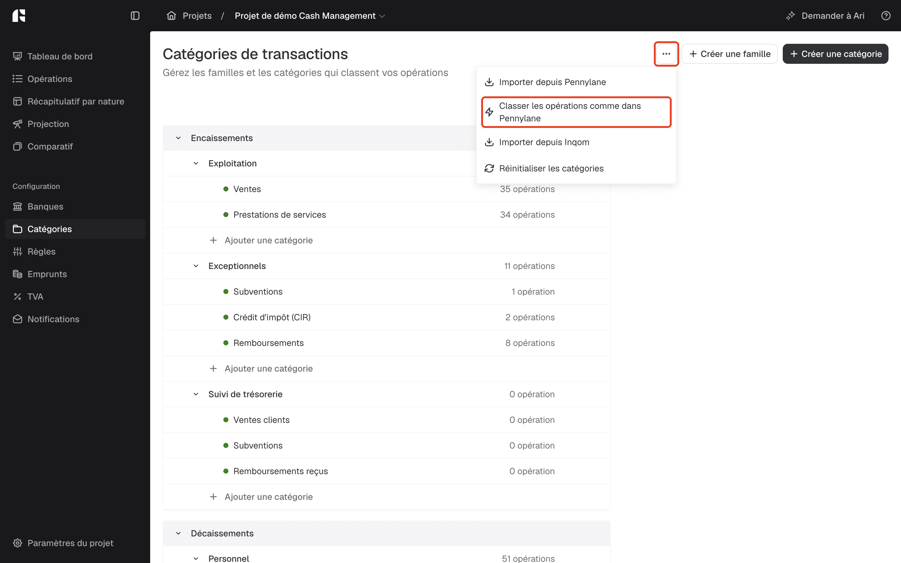 Action Classer les opérations comme dans Pennylane dans le menu « ... »