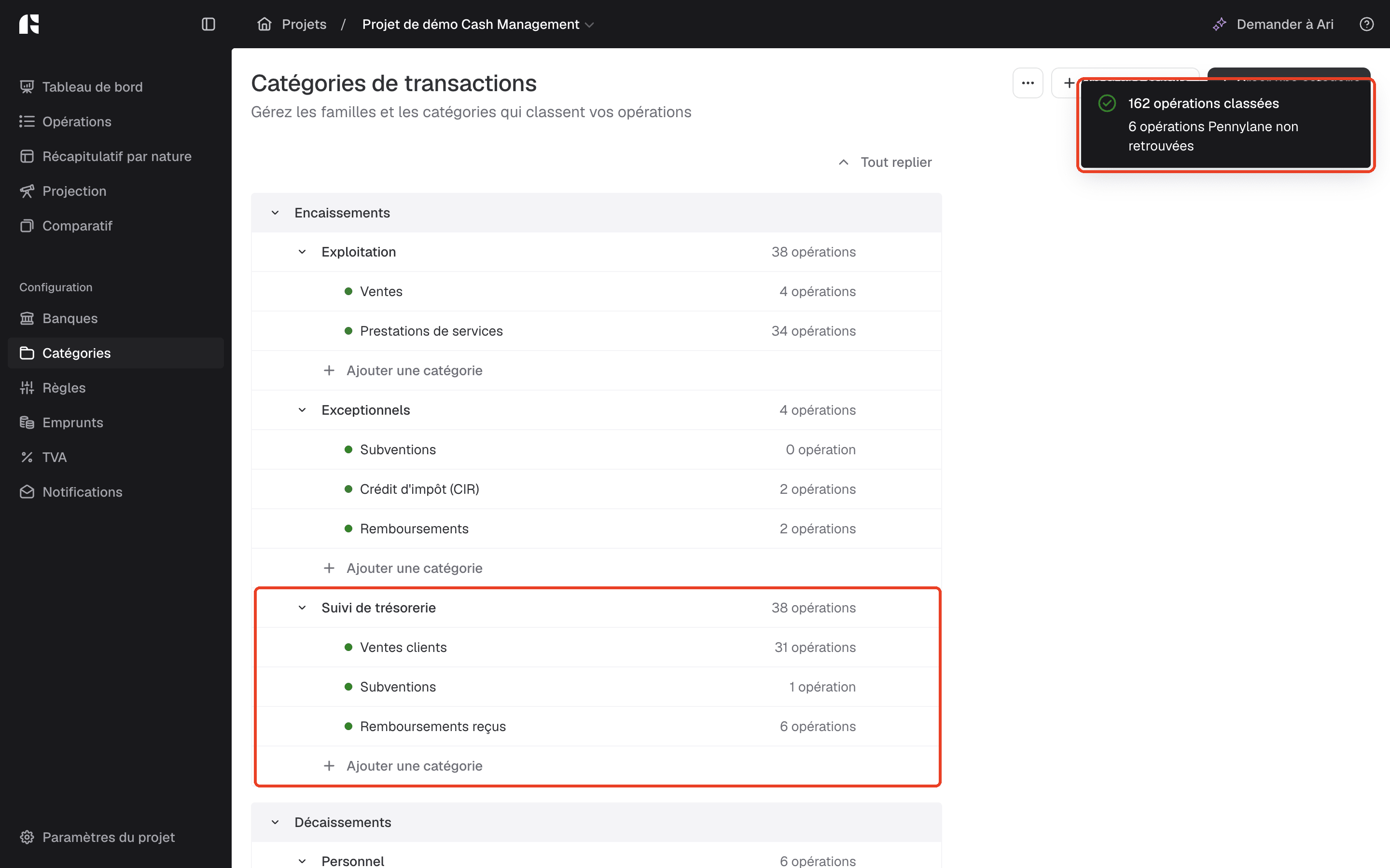 Message du nombre d'opérations classées et catégories Pennylane mises à jour