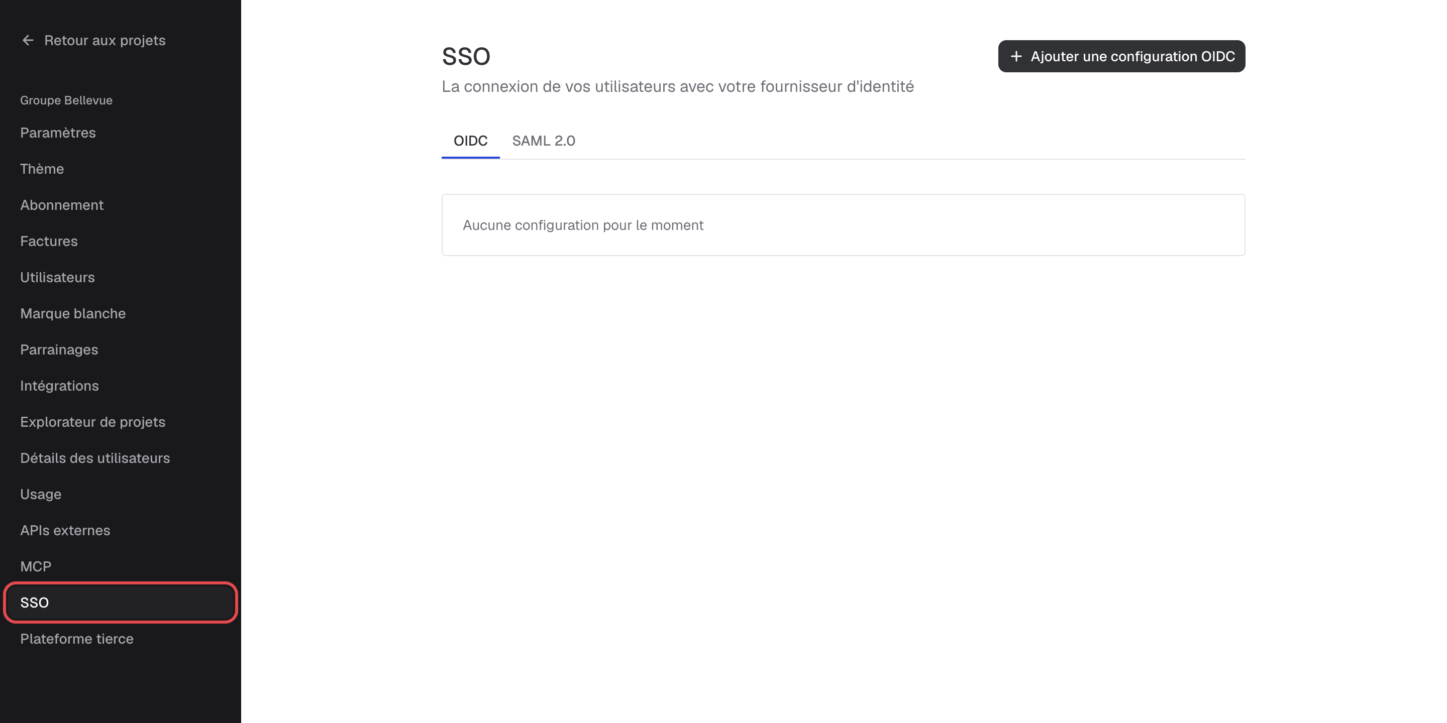 Section SSO des paramètres d'organisation, entourée en rouge dans le menu latéral, avec les onglets OIDC et SAML 2.0