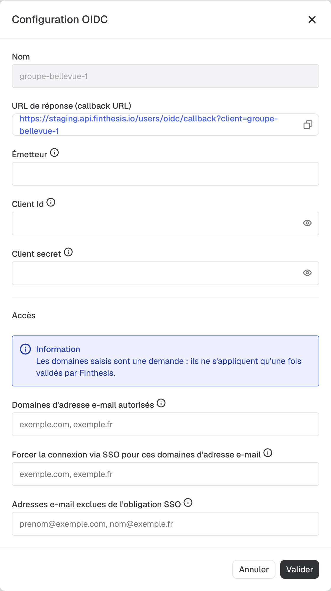 Fenêtre Configuration OIDC : nom, URL de réponse, émetteur, client id, client secret et domaines d'adresse e-mail autorisés