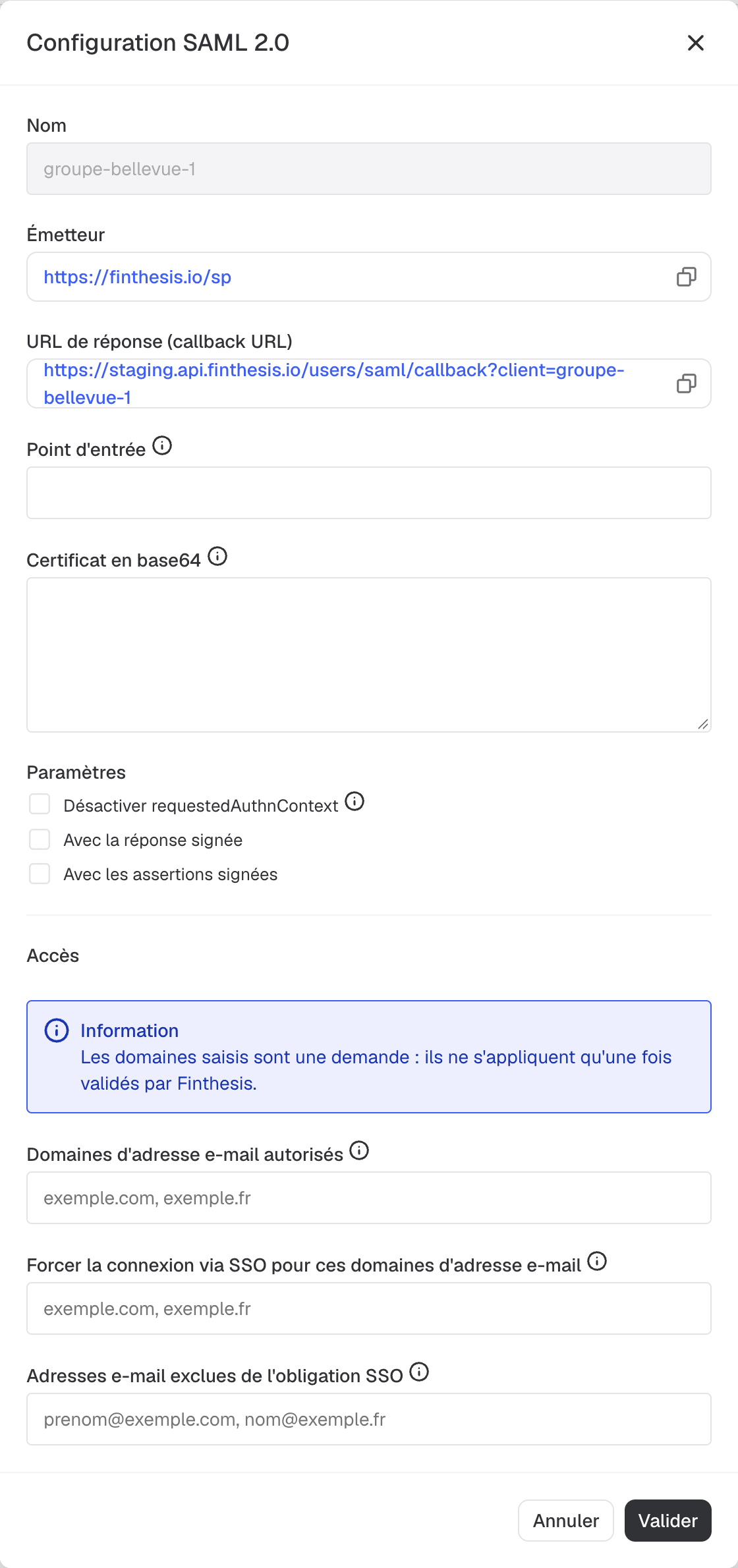 Fenêtre Configuration SAML 2.0 : émetteur, URL de réponse, point d'entrée, certificat en base64, paramètres de signature et domaines d'adresse e-mail autorisés