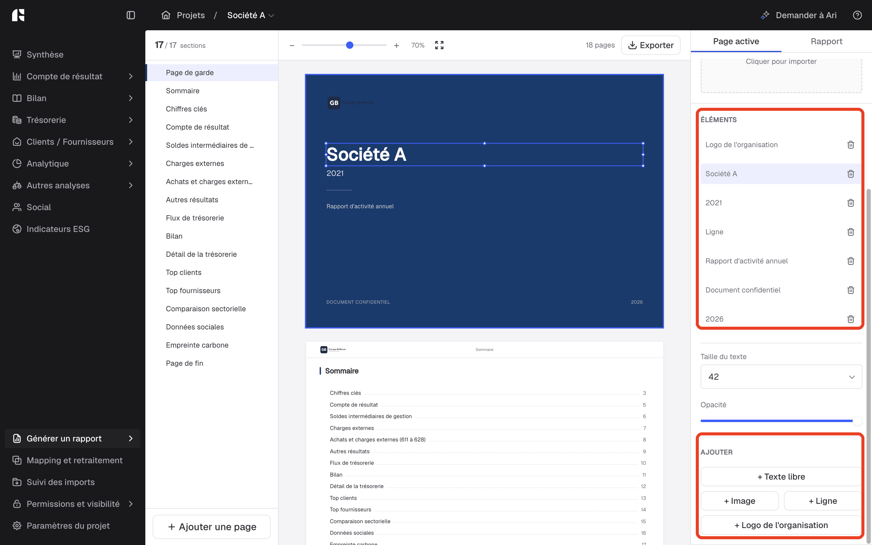 Page de garde en cours d'édition : la rubrique « Éléments » de l'onglet Page active liste les éléments de la page, la rubrique « Ajouter » en ajoute de nouveaux