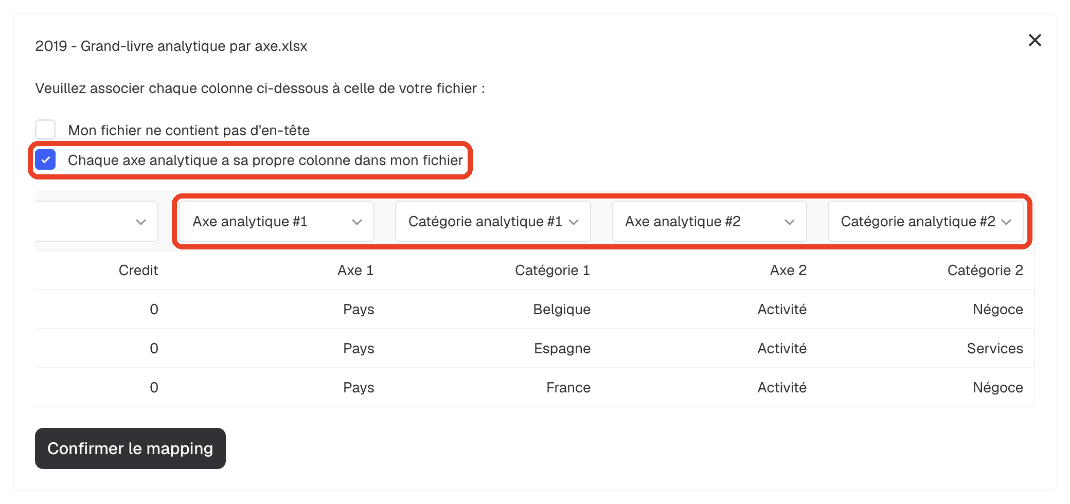 Mapping avec une colonne par axe analytique