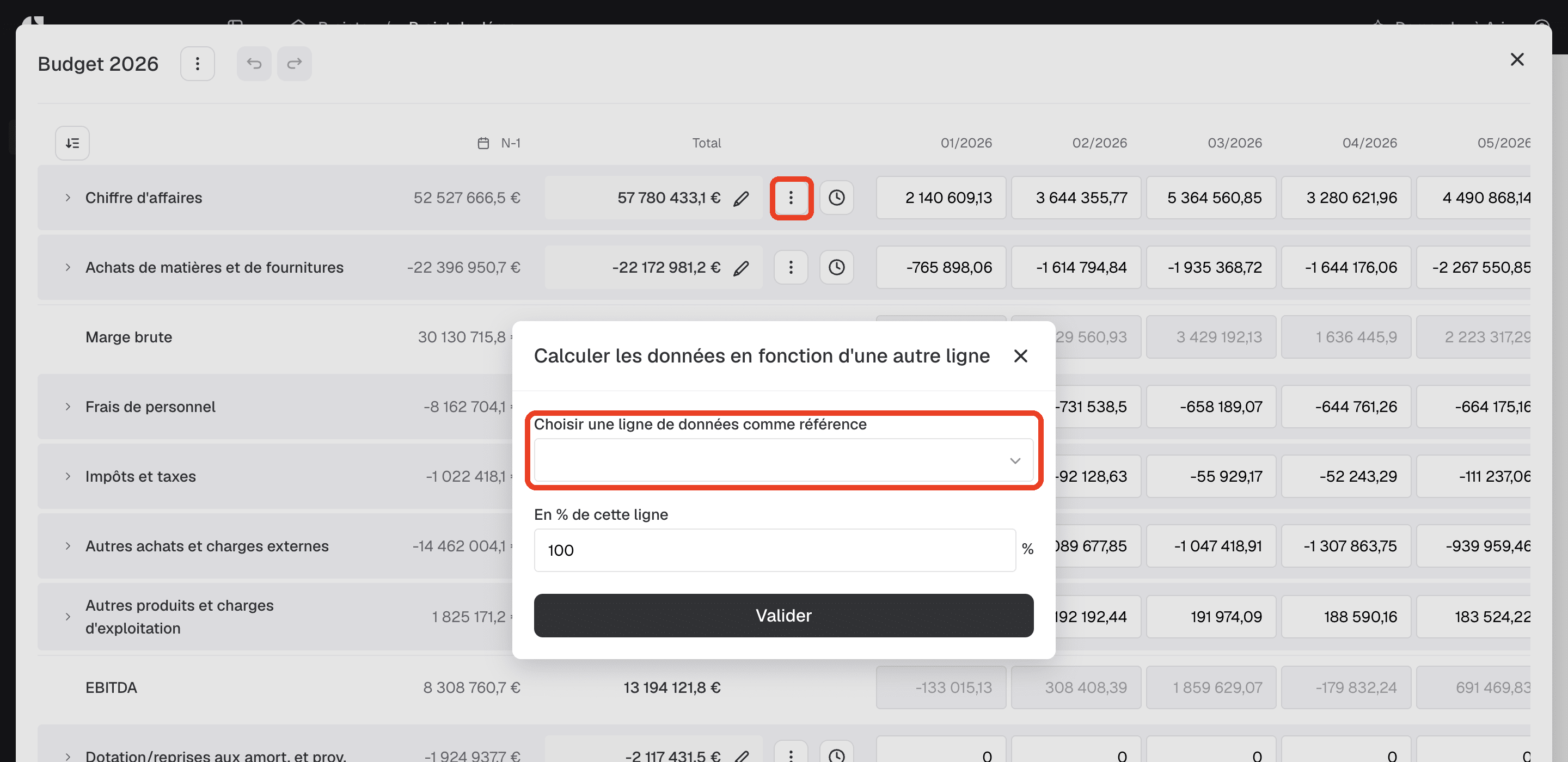 calculer une ligne en fonction d'une autre