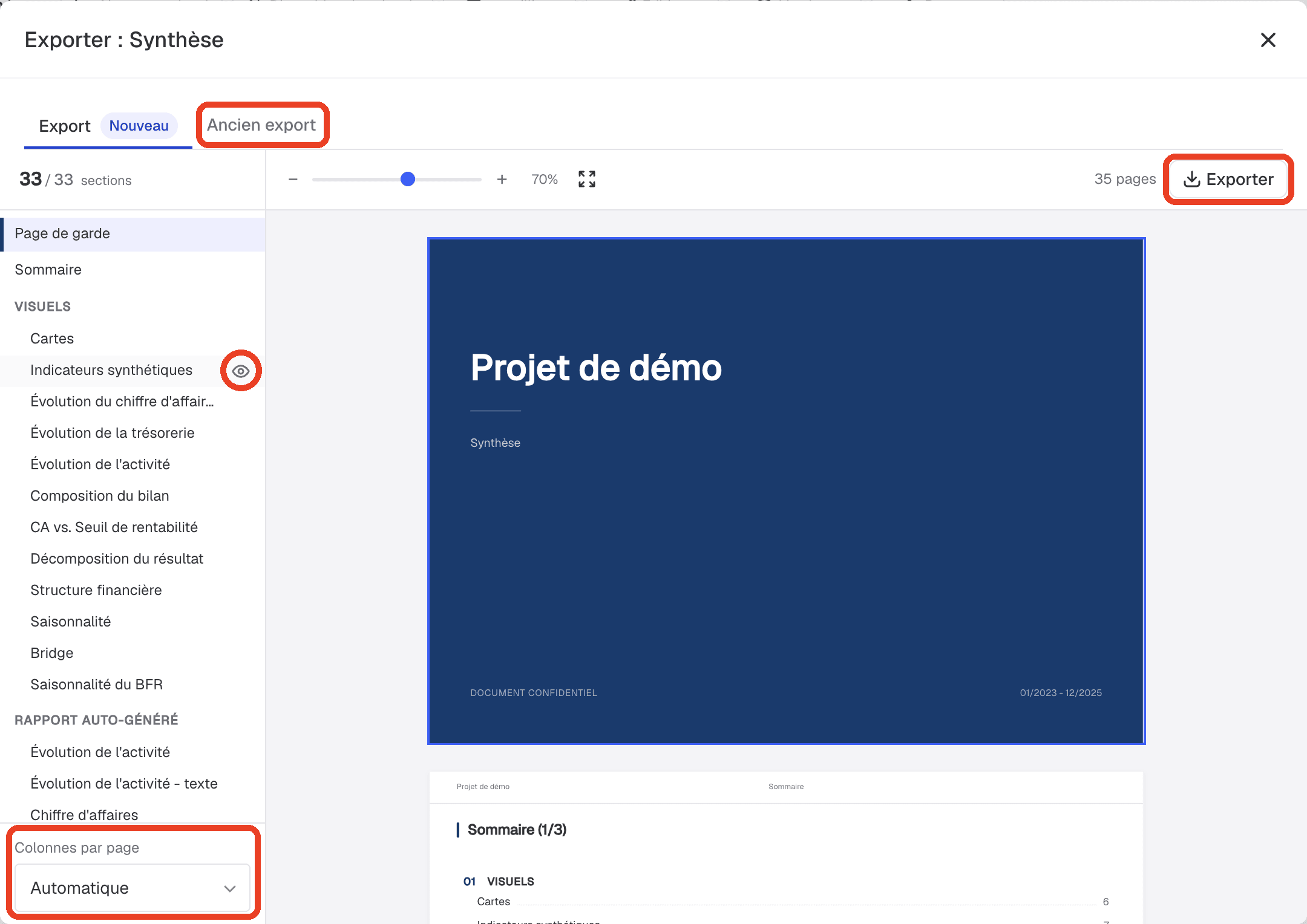 fenêtre d'export
