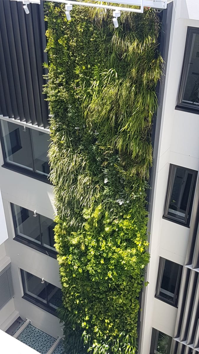 a very tall building with a very green wall