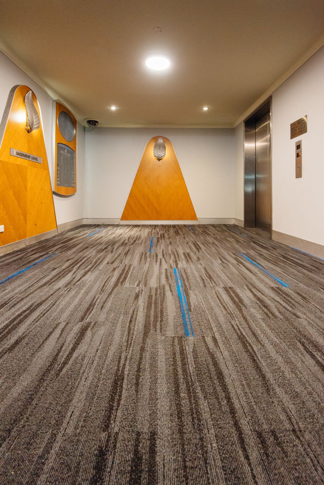 Austral Lights - Charcoal and Blue in an RSL in Sydney New South Wales, Elevator room view.