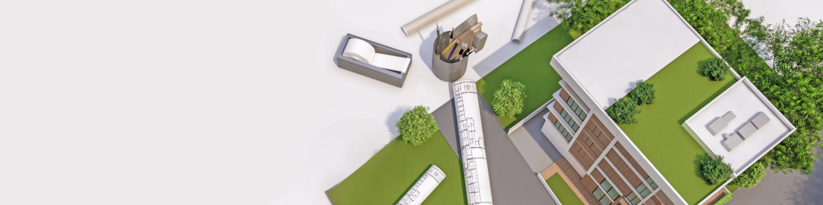 an aerial view of a house with a green roof