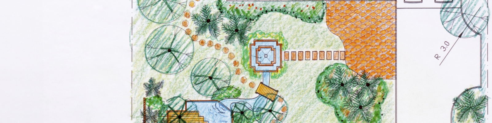 a drawing of a garden with trees and a house