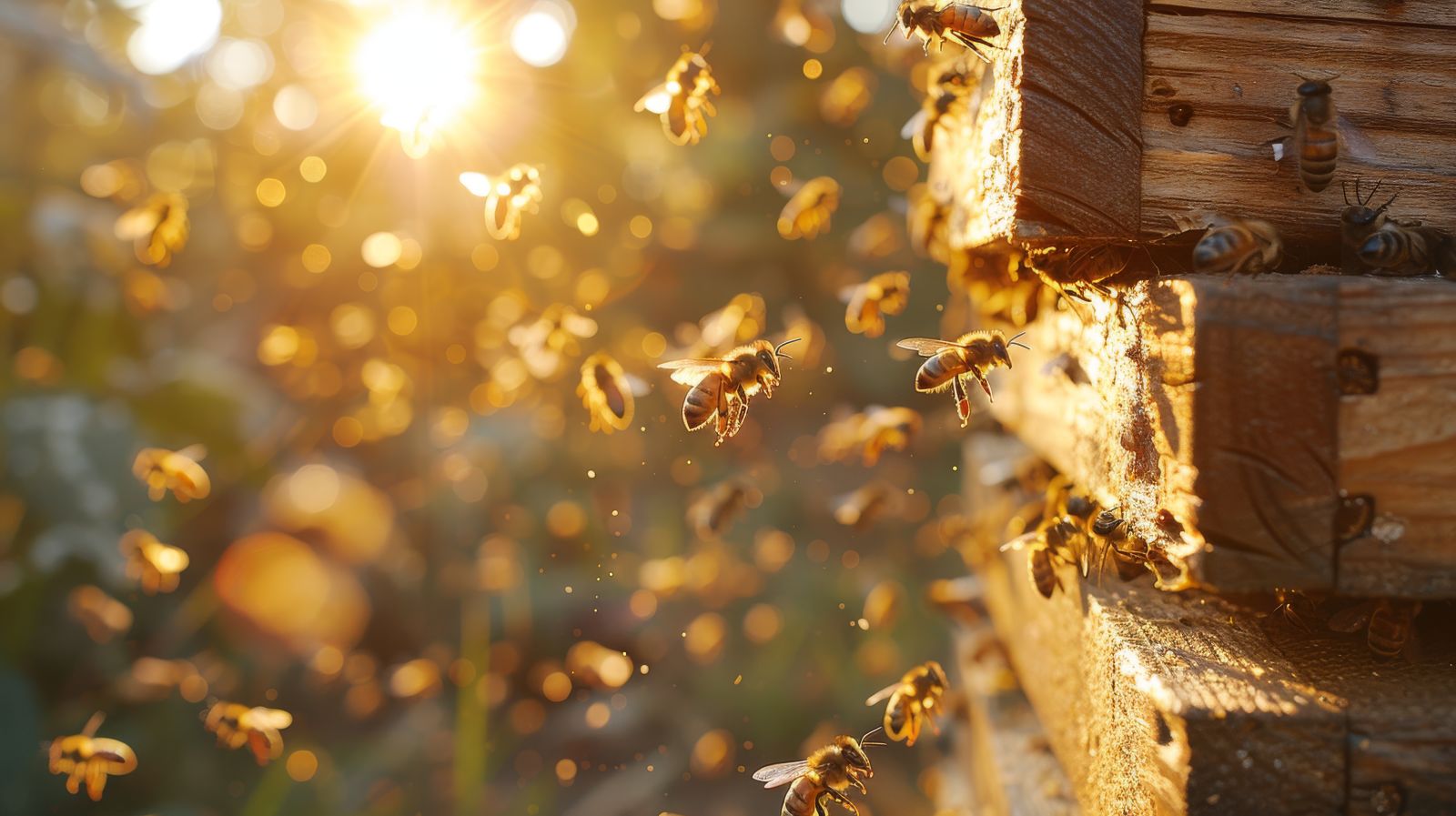 Closeup of beehive with bees, warm sun