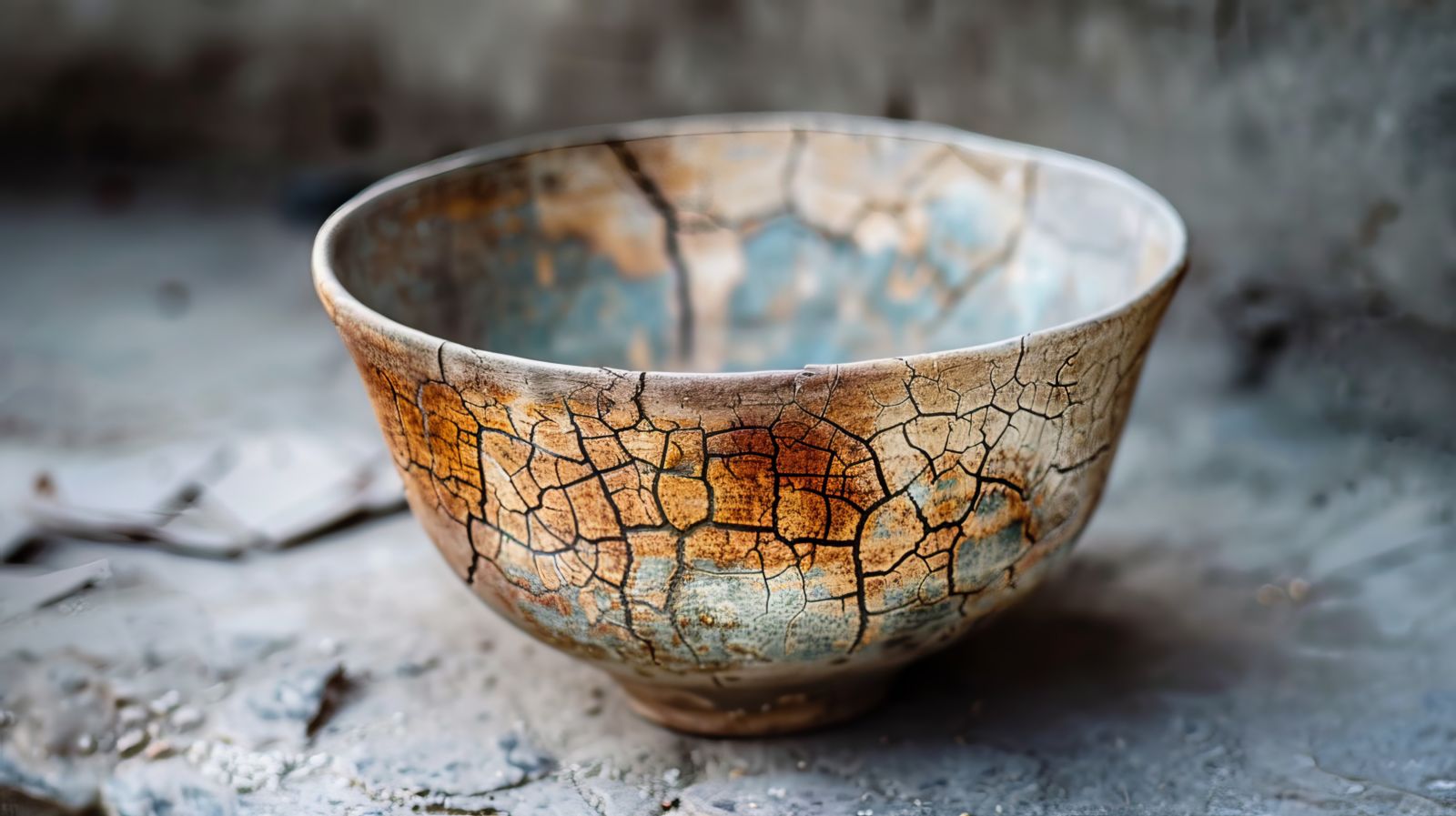 Photo of clay bowl on concrete bricks, hand made