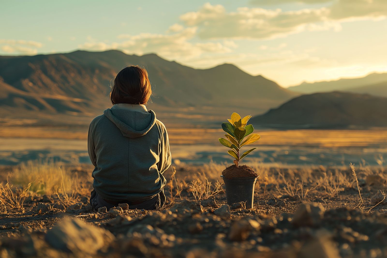 Person with pot plant over valley
