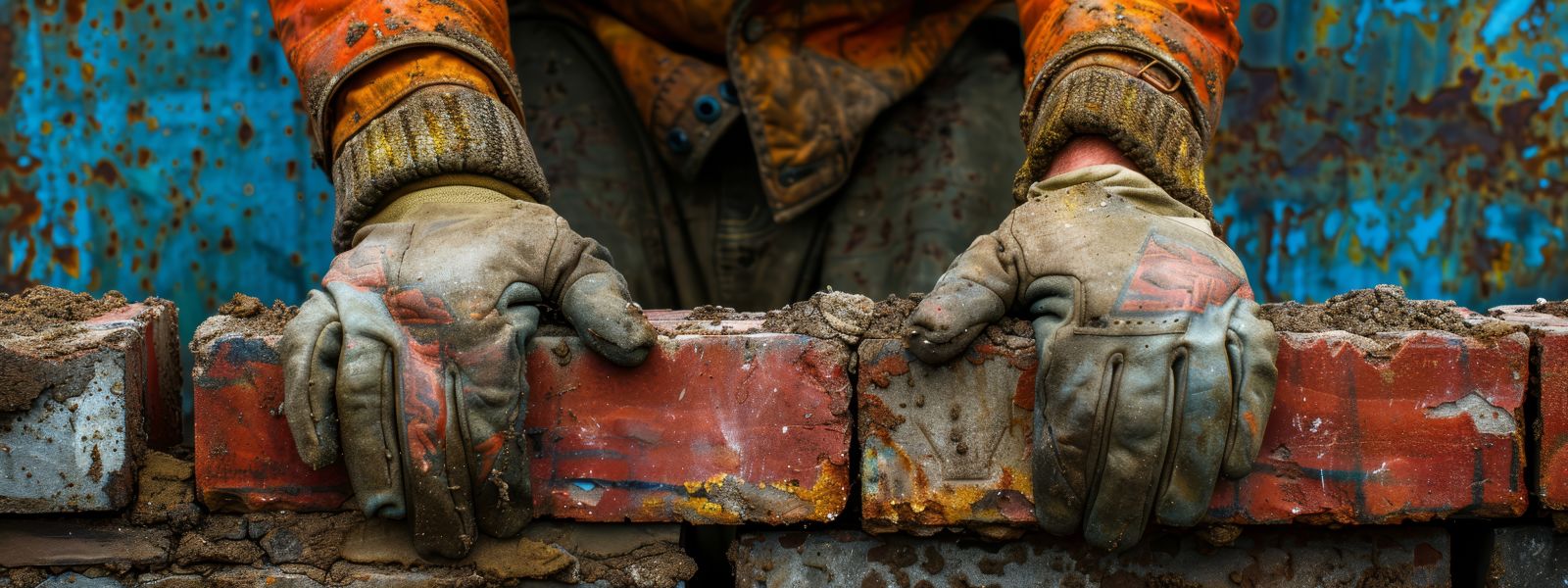 Dirty worker's clothing holding to brick wall, rusted blue background
