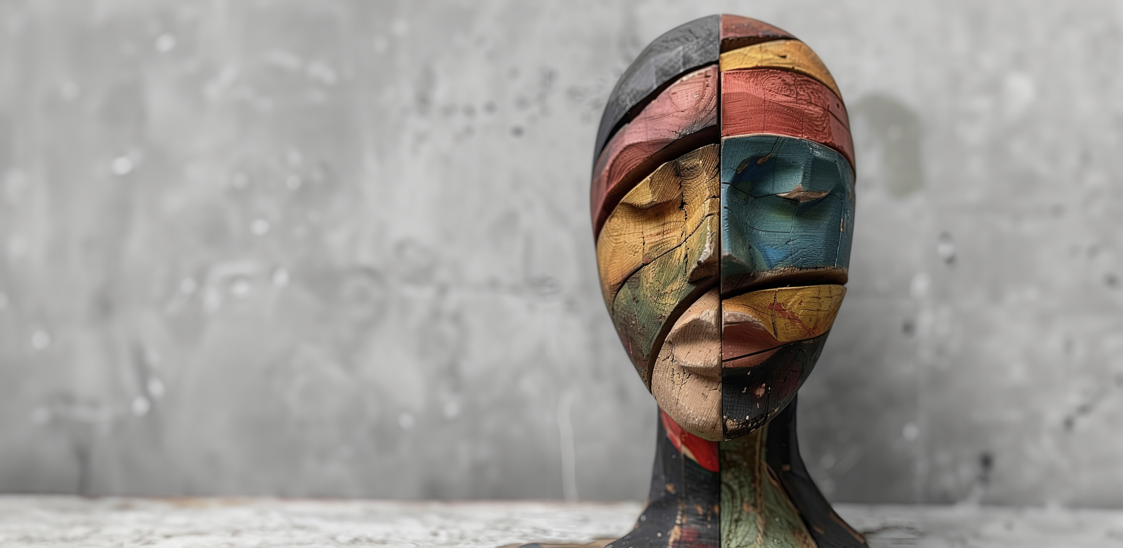 Photo of wooden sculpture of head with coloured segments