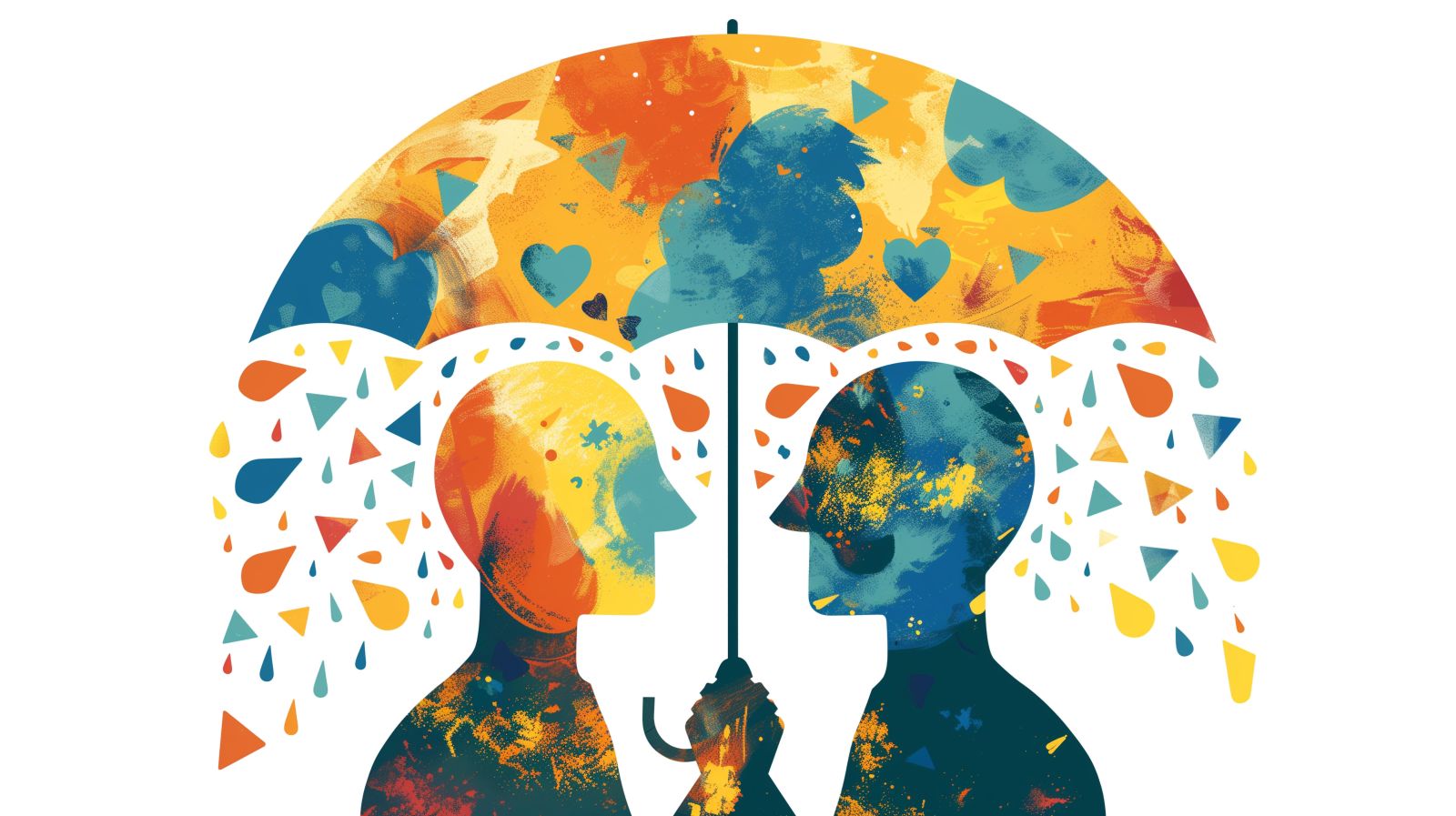 Illustration of multicoloured people under umbrella