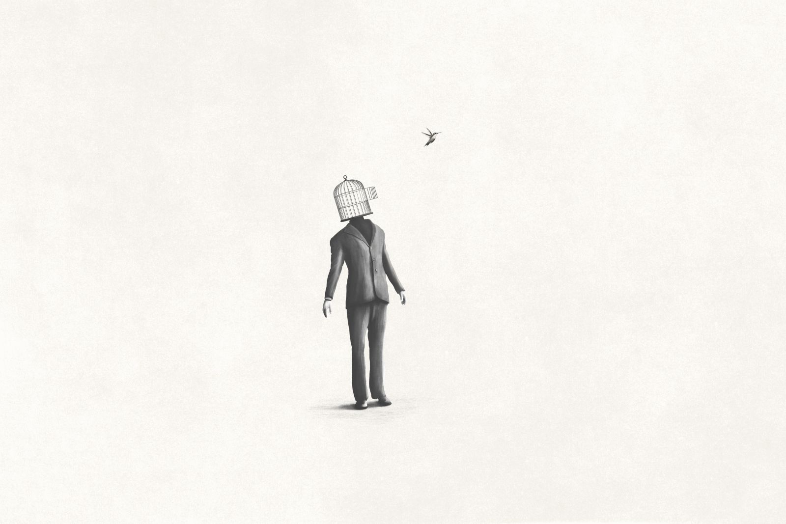 Illustration of person in suite with a birdcage head, hand drawn