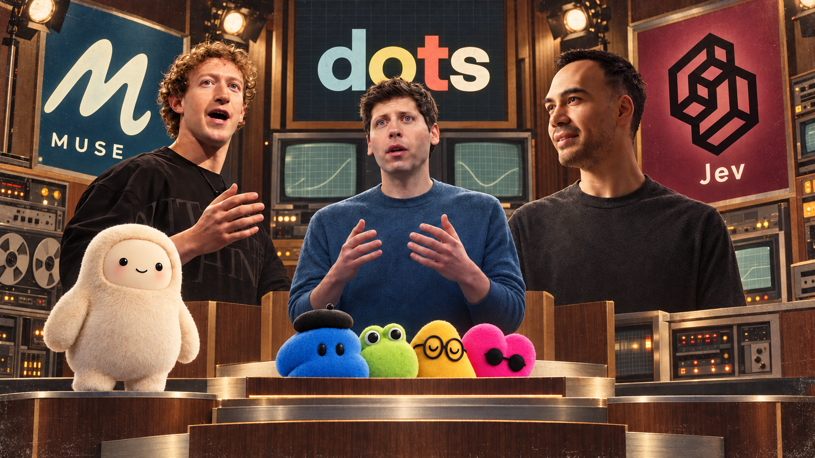 AI showdown: Muse (Meta), Dots (OpenAI), and Jev on a retro game-show set