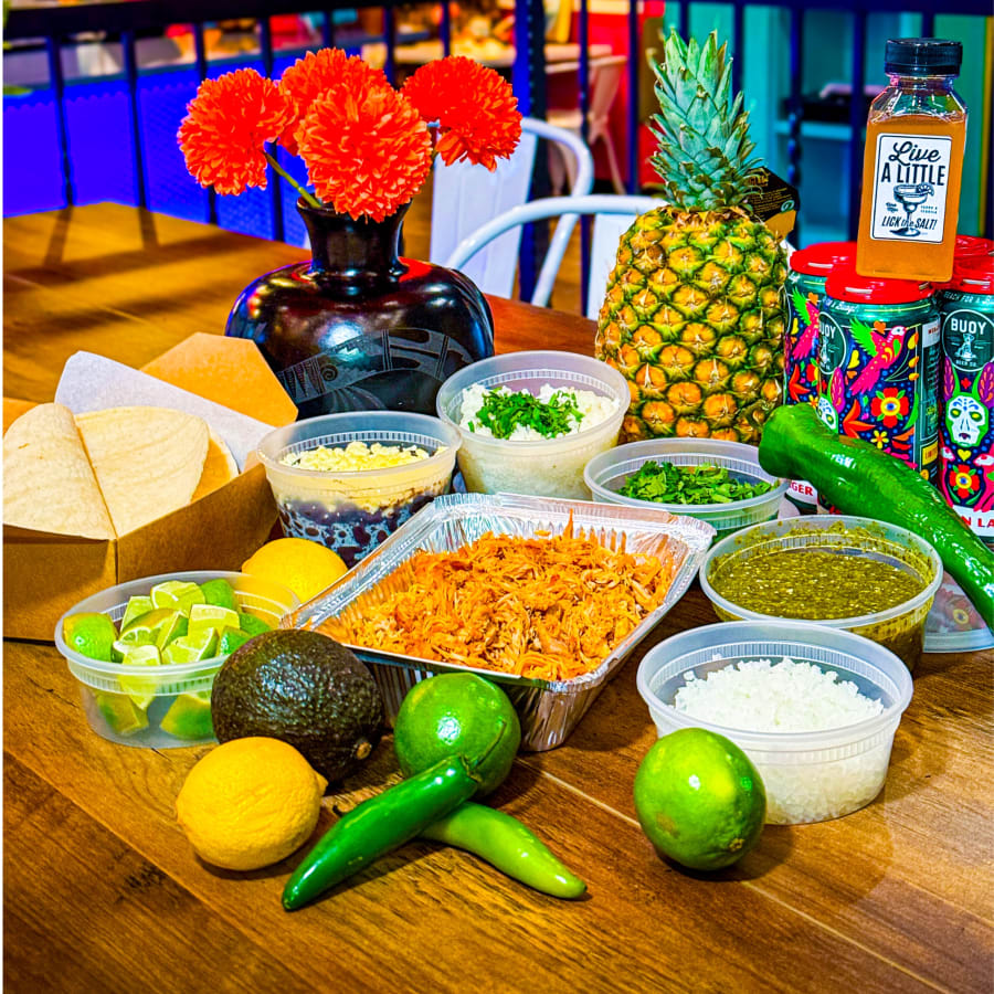 Uno Más Fiesta Box — street tacos with salsa, rice and beans