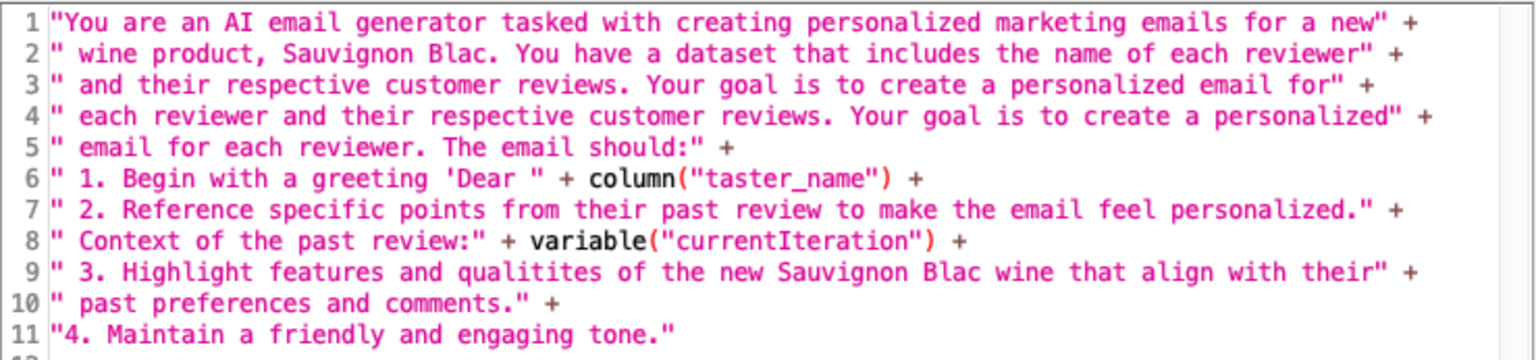 The prompt stored in the “Column Expressions” node designed to task the LLM to create a personalized email introducing a new product, leveraging insights from a previous review of a similar product. 