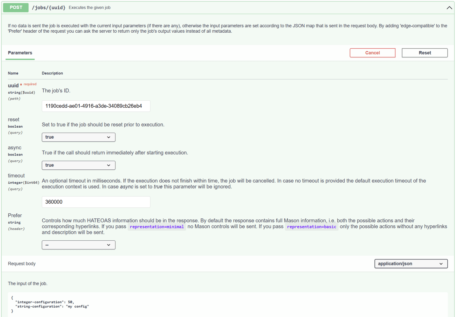 KNIME Business Hub example of Request body to send with request