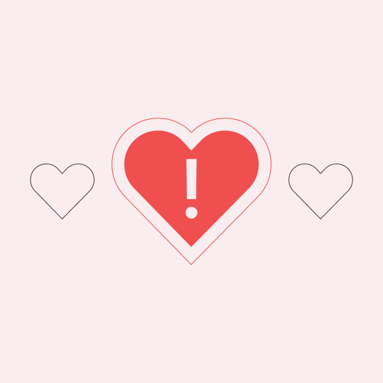 Three hearts side by side. The one in the middle has an exclamation mark in it.