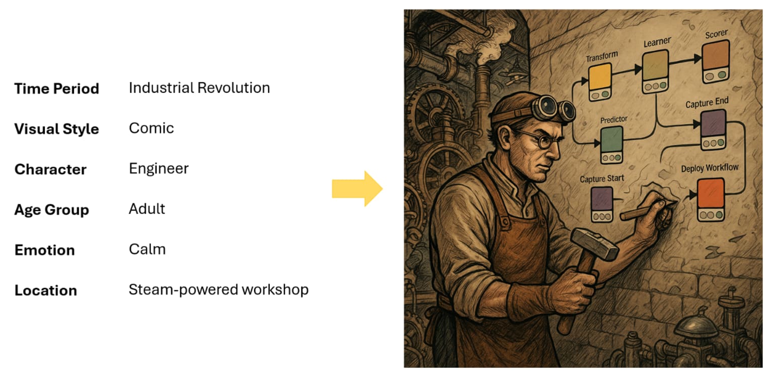 The steam workflow. Comic-style scene of a calm engineer assembling a KNIME workflow inside a steam-powered lab during the Industrial Revolution.