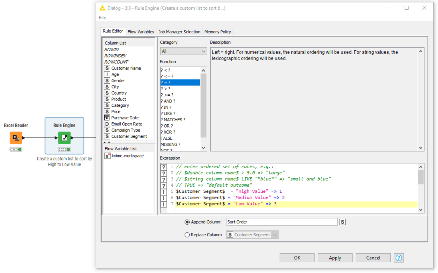 Using the Rule Engine in KNIME to create a custom list