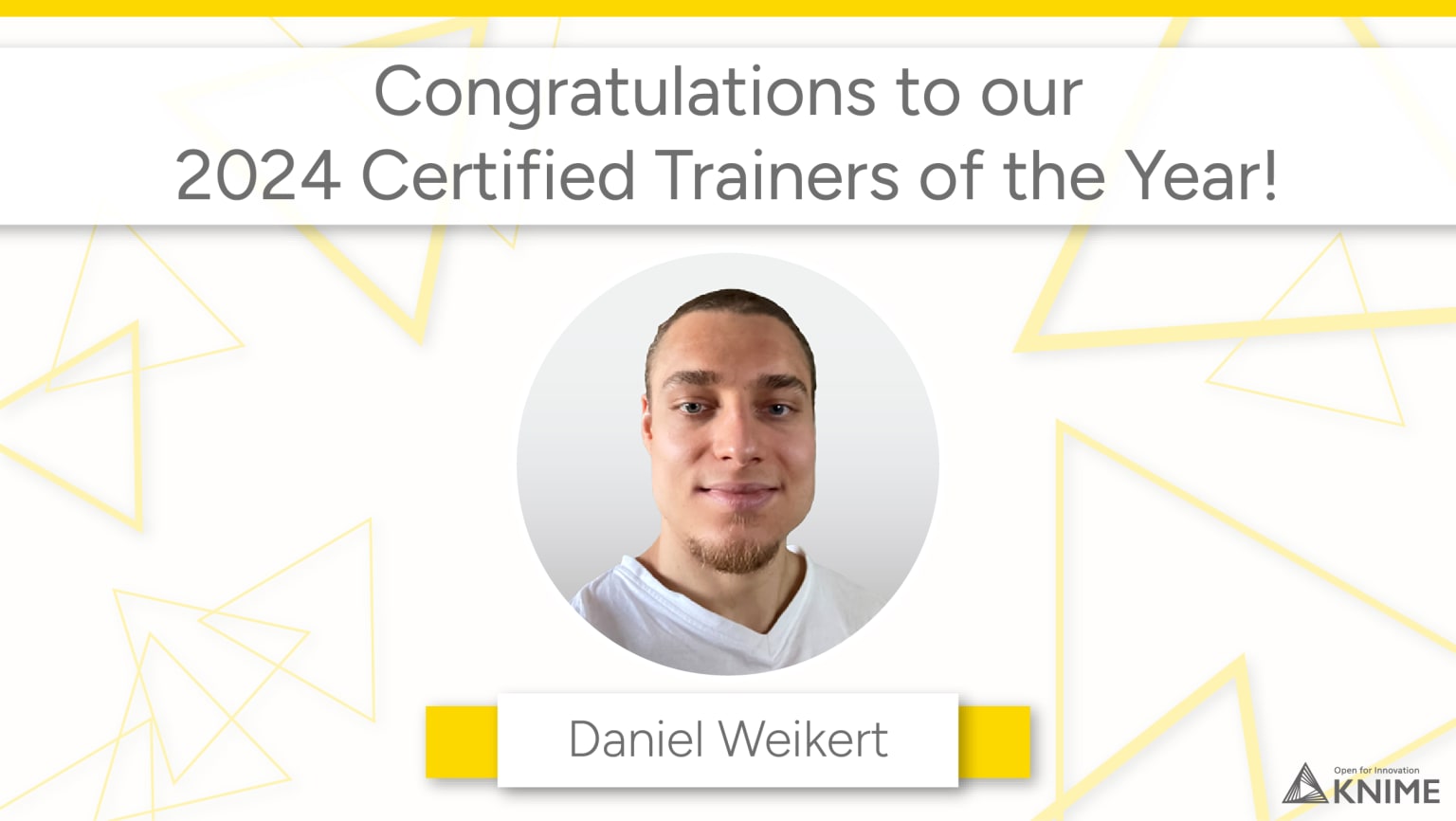 a congratulations certificate for Daniel Weikart as 2024 knime certified trainer of the year